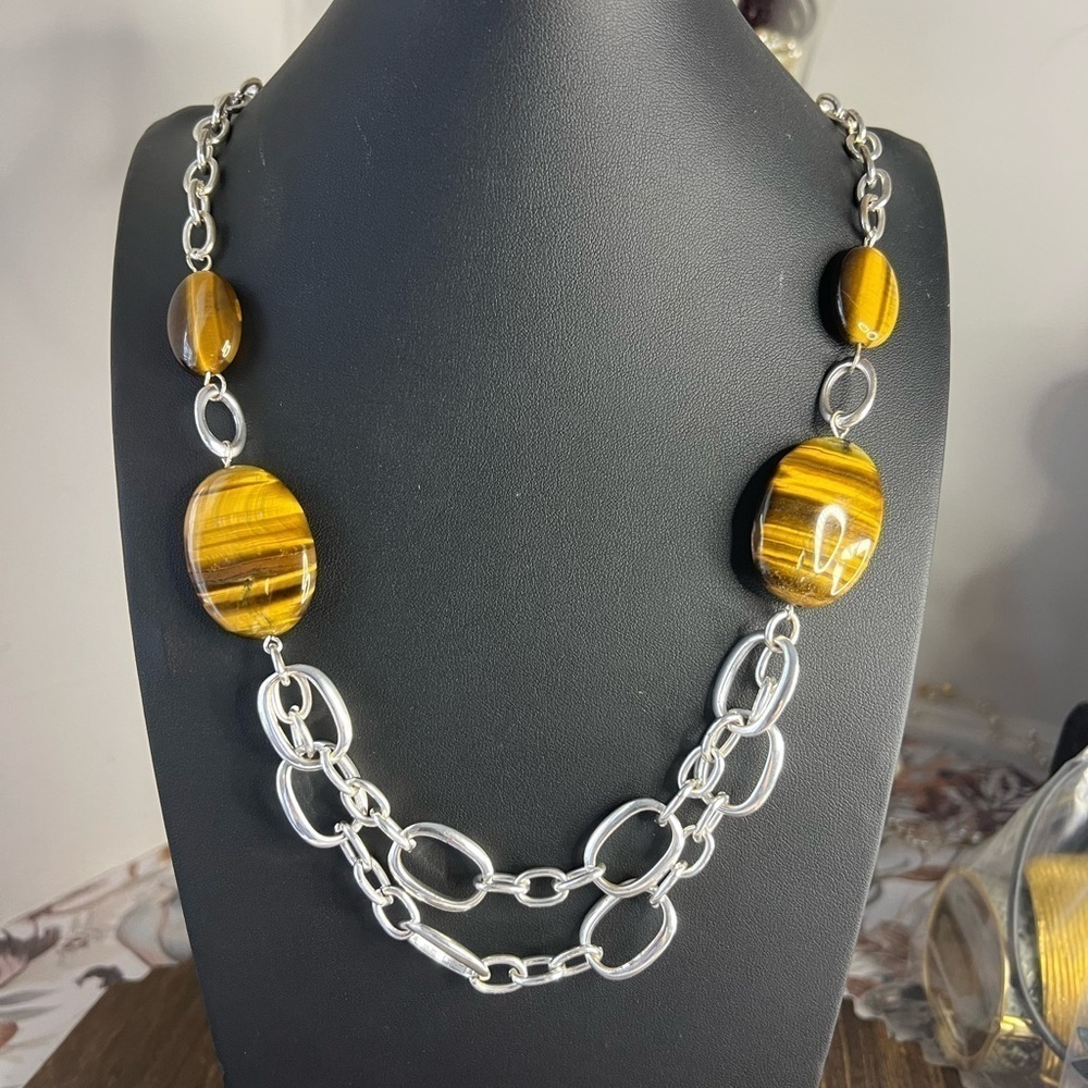 Etienne Aigner Tigers Eye Silver Tone Multi-Strand Chain Link Necklace 32” B1